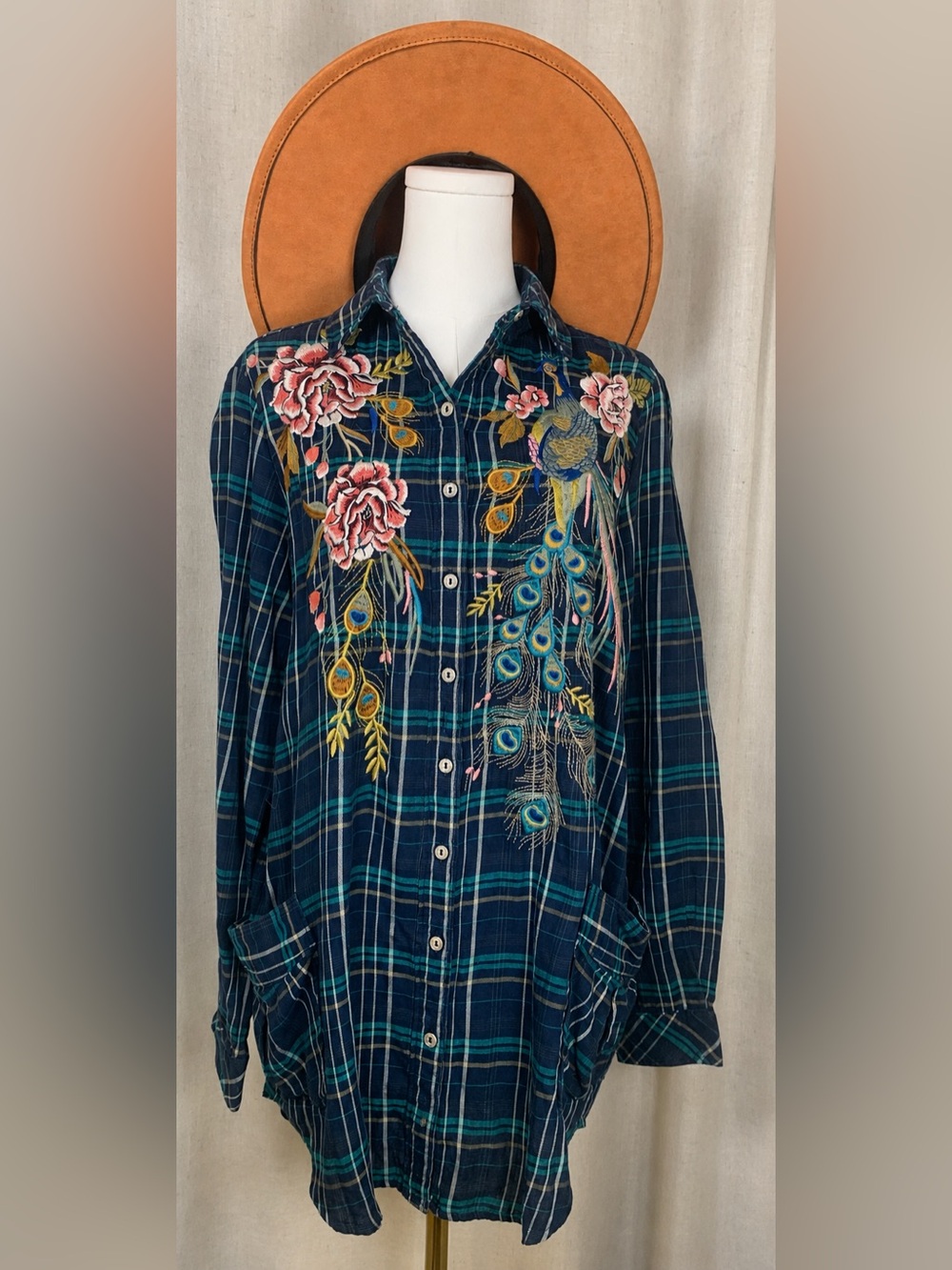 Johnny Was Embroidered Peacock & Floral Plaid Button-Up Shirt Tunic | NEW | S